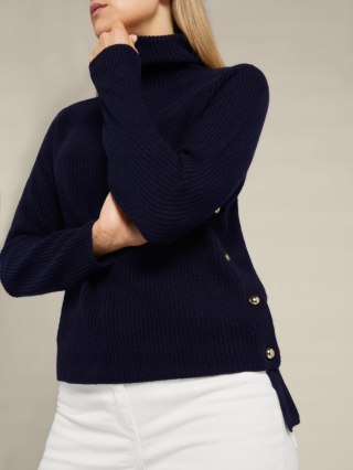 ELENA MIRO wyjątkowy sweter ciemny granat boczne guziki L