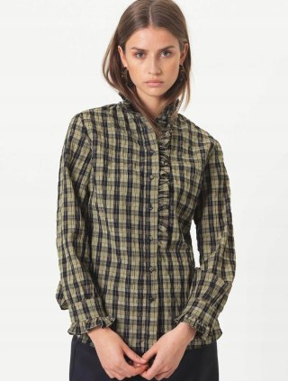 SECOND FEMALE wyszukana bluzka koszulowa w kratkę khaki XS/S