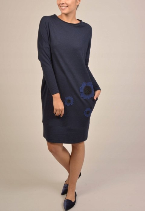 WHYCI MILANO nietuzinkowa włoska sukienka delikatna wełna ciemny granat 38