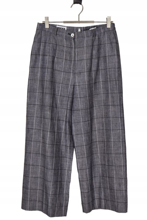 HUCKE ciekawe spodnie z lnem w kratkę 40