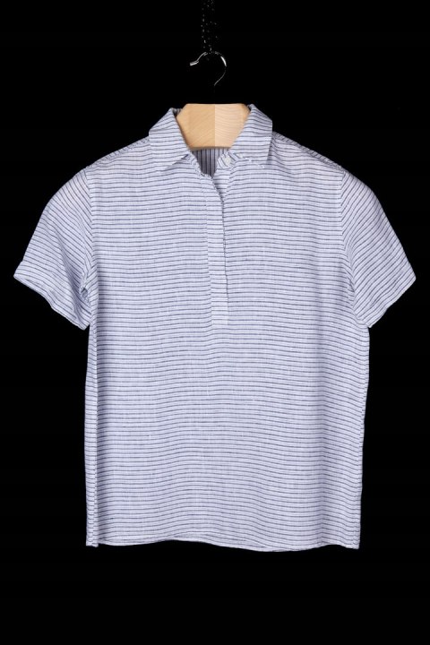 LANDS' END fantastyczna bluzka szlachetny len drobne paski marine M