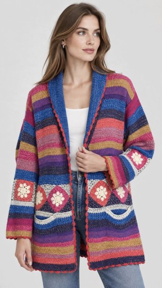 AMANO kolorowy sweter kardigan bawełna rękodzieło luźny krój boho S/M