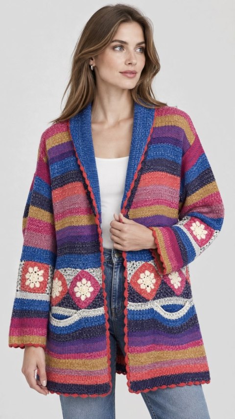 AMANO kolorowy sweter kardigan bawełna rękodzieło luźny krój boho S/M