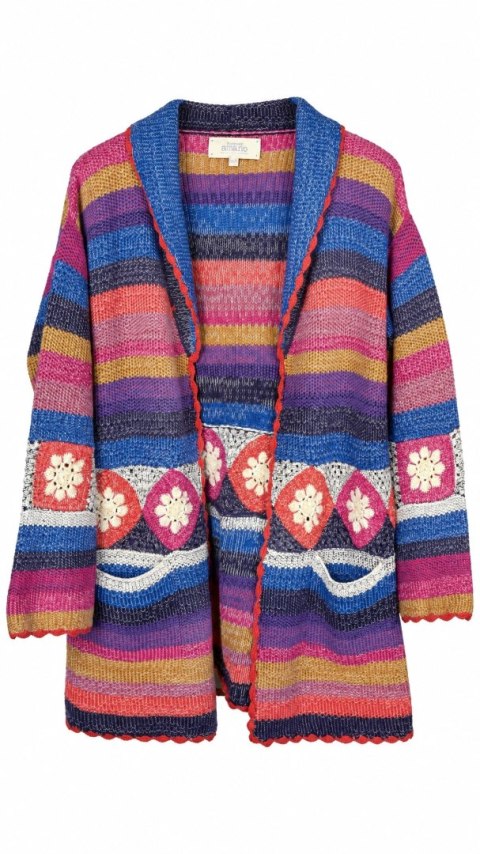 AMANO kolorowy sweter kardigan bawełna rękodzieło luźny krój boho S/M