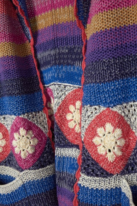 AMANO kolorowy sweter kardigan bawełna rękodzieło luźny krój boho S/M