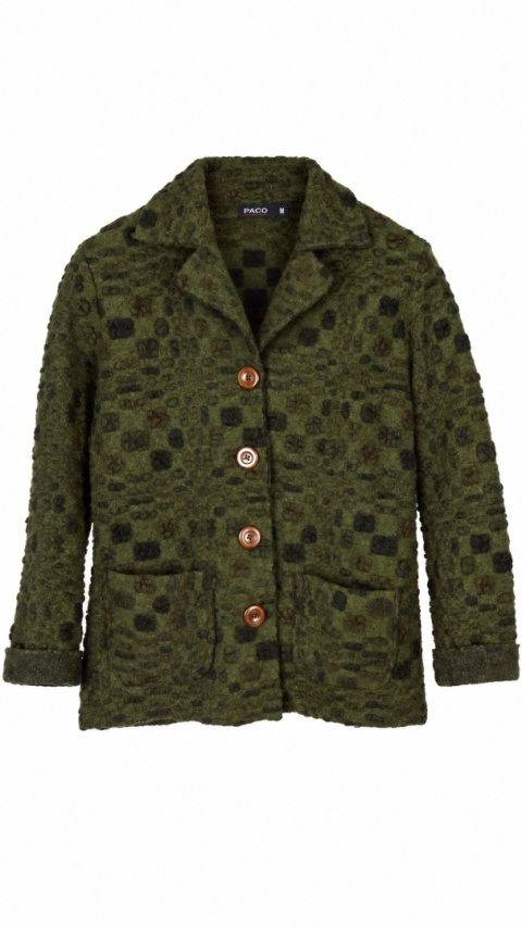 PACO ITALY - niebanalna marynarka fakturowana wełna kolor khaki S/M