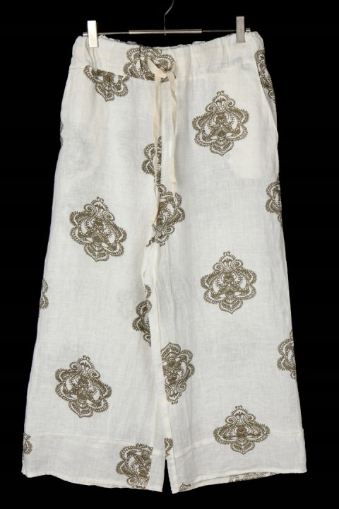 Wyszukane włoskie spodnie lniane piękny wzór - M