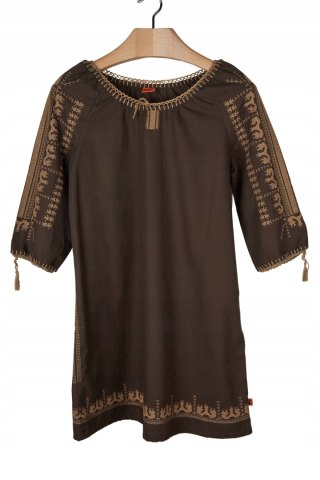 OBJECT - urocza sukienka haftowana modny brąz - M