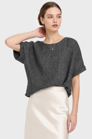 BEAU JOURS mięciutka jedyna bluzka fakturowany len oversize L/XL
