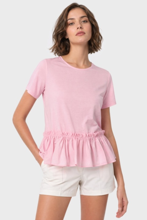 H&M -luźna bluzka z falbaną delikatny róż bawełna - M/L
