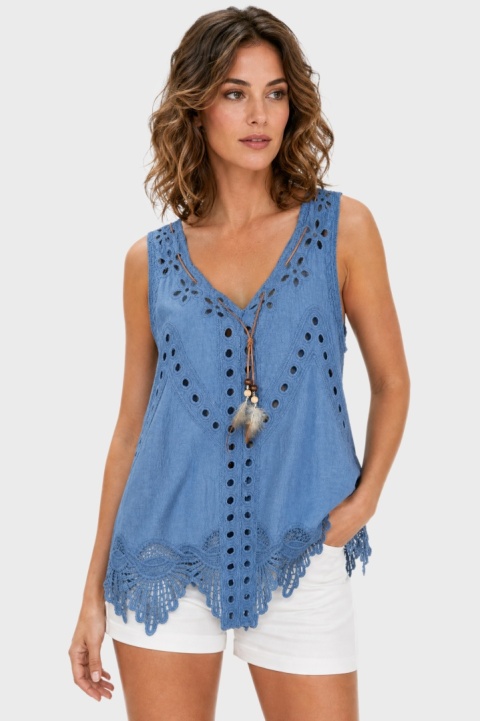 Luźna bluzka bogato zdobiona haftem pióra styl boho kolor jeansowy - M