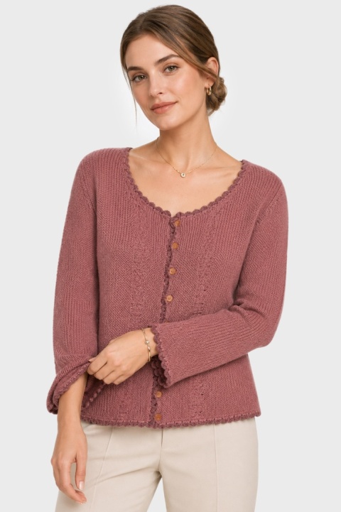 Niespotykany sweter wełniany rękodzieło kolor eozyna M/L