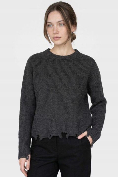 JANE LUSHKA ciekawy sweter szarpane brzegi piękna szarość wełna S
