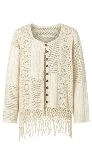 Wyszukany sweter rękodzieło bawełna szydełkowe wzory frędzle kolor ecru M