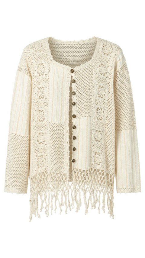 Wyszukany sweter rękodzieło bawełna szydełkowe wzory frędzle kolor ecru M