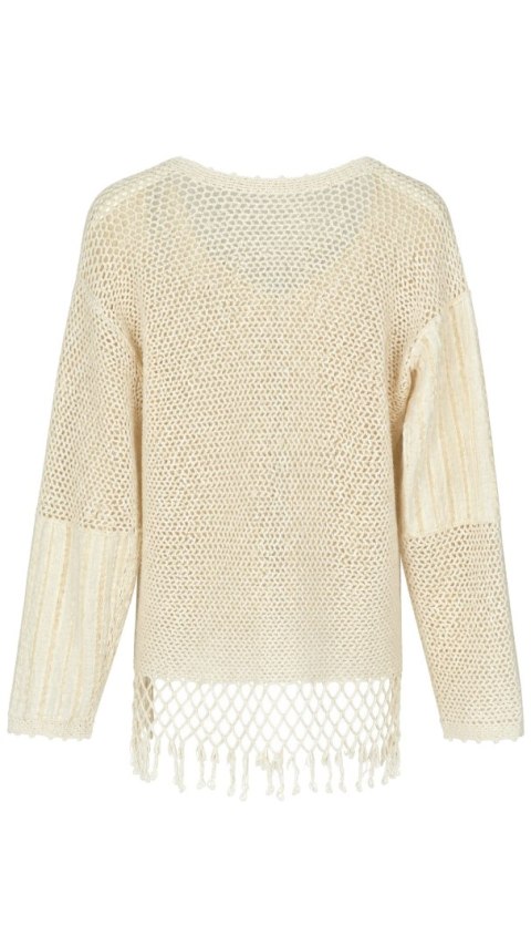 Wyszukany sweter rękodzieło bawełna szydełkowe wzory frędzle kolor ecru M