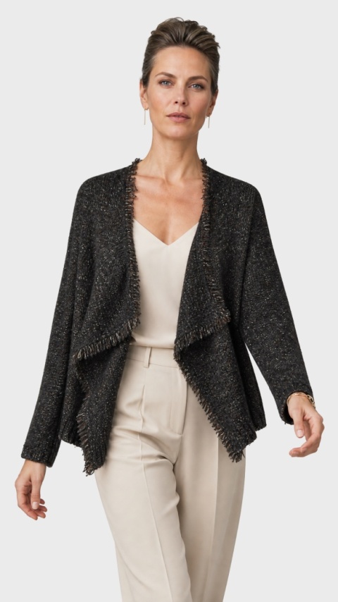 360 SWEATER - śliczny sweter narzutka melanż z frędzlami - M