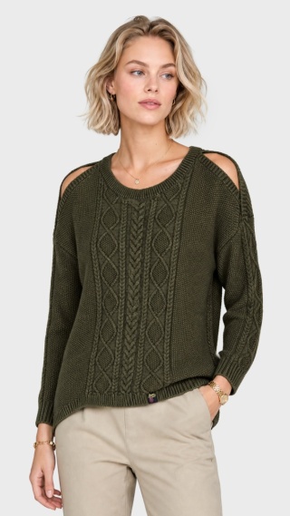 SUPERDRY zjawiskowy sweter odkryte ramiona bawełna kolor khaki M