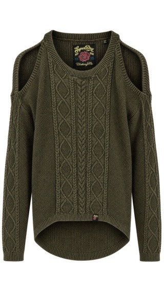 SUPERDRY zjawiskowy sweter odkryte ramiona bawełna kolor khaki M